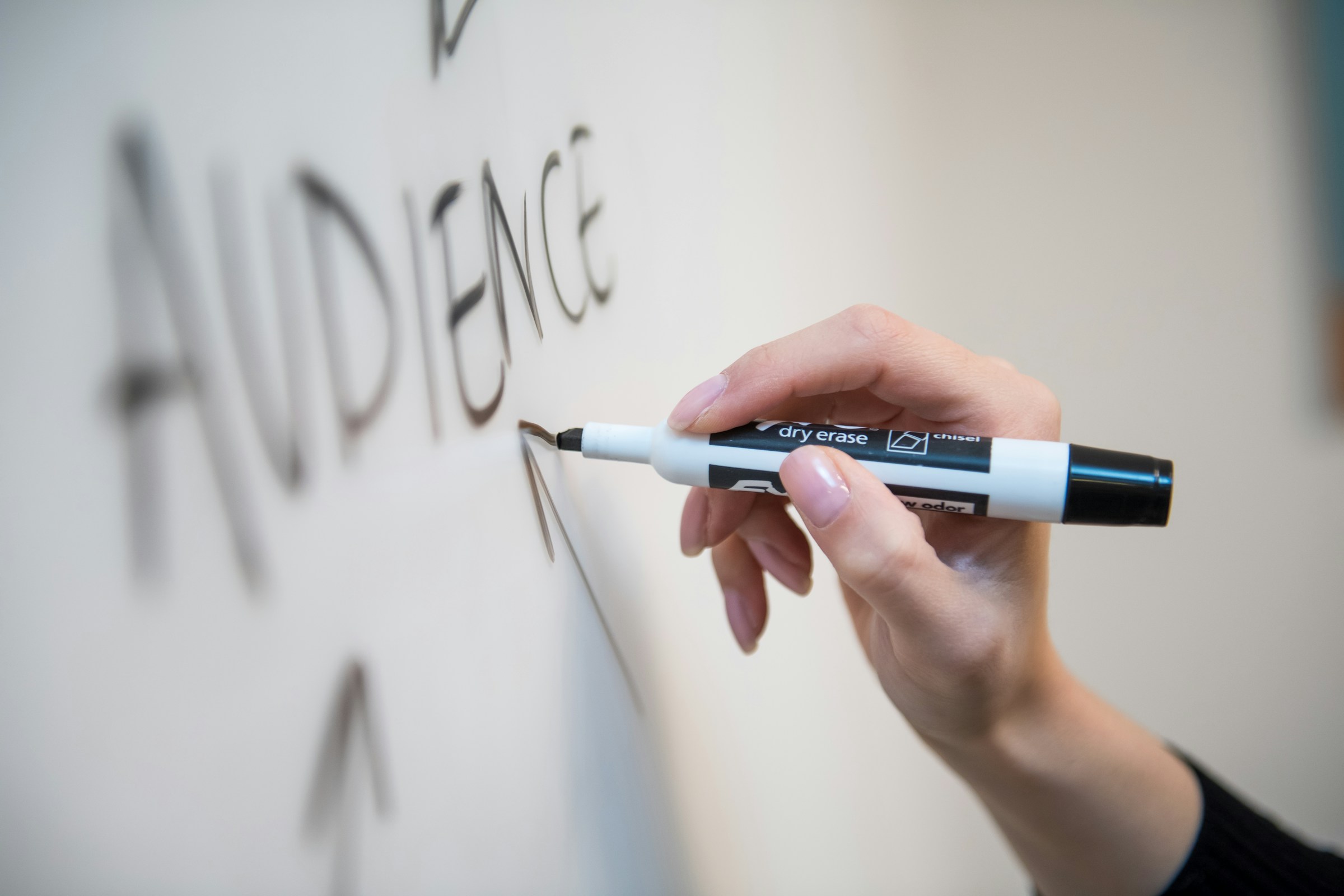 Hand writing the word audience on a whiteboard with a marker